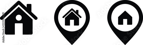 Real estate location icon set featuring house and map pin symbols for web and mobile navigation