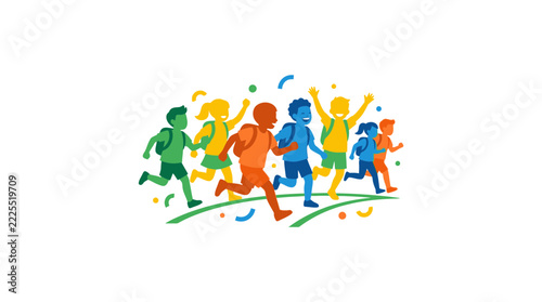 Diverse Kids Running Together, Colorful Confetti, Isolated