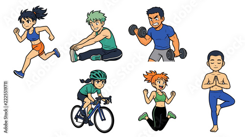 Diverse People Exercising: Running, Cycling, Yoga, Weights, Stretching