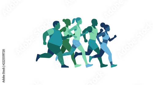 Diverse runners group, healthy lifestyle, fitness, sport, isolated on white