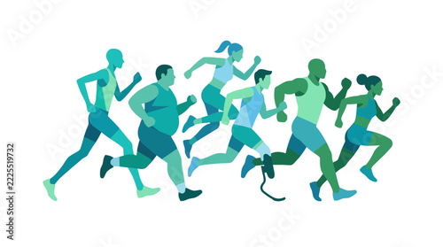 Diverse runners group, different body types, ages, and abilities, running race