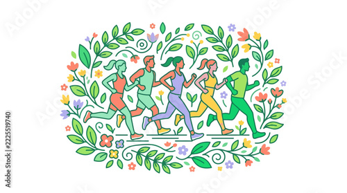 Diverse runners in floral frame, healthy lifestyle, fitness, nature