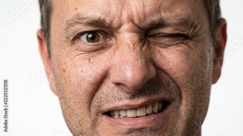Gambar tersebut menampilkan close-up wajah seorang pria yang sedang membuat ekspresi meringis atau mengedipkan satu mata (winking), yang bisa menggambarkan rasa sakit, tidak nyaman, atau sedang bercan