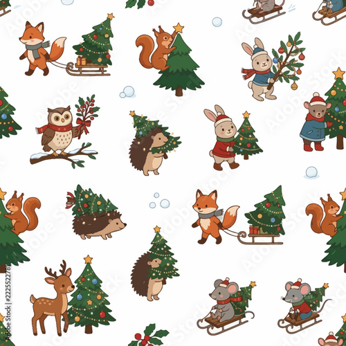 Whimsical winter forest animals seamless pattern featuring foxes rabbits and squirrels decorating Christmas trees in a storybook style