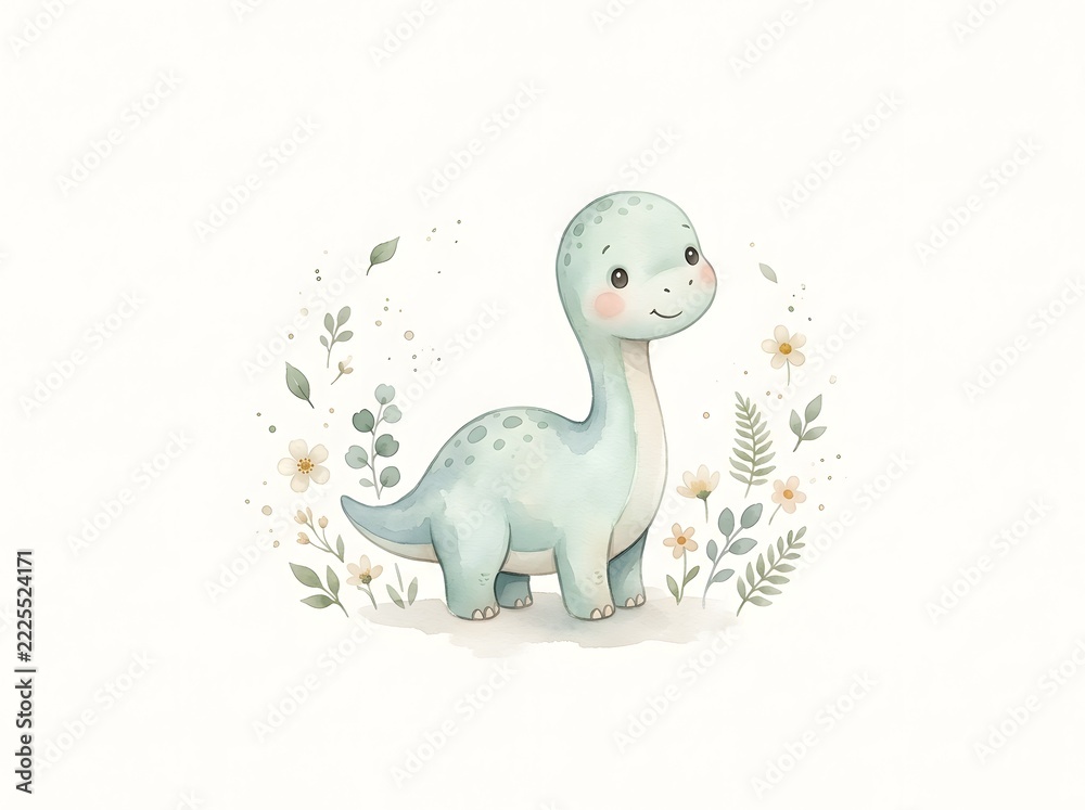Naklejka premium Charming watercolor illustration of a cute little baby dinosaur standing surrounded by delicate pastel botanical flowers and green leaves