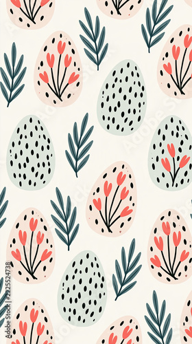 Floral egg pattern, Easter design, hand drawn motif, coral flower, botanical illustration, decorative wallpaper, creates cheerful spring mood