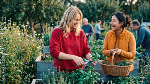 Friends Harvest Herbs Together in a Community Garden on a Sunny Day