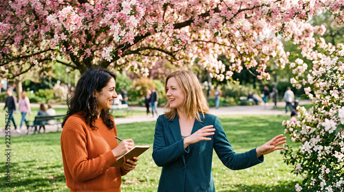 Friends Chatting Under a Flowering Tree in a Park During Spring