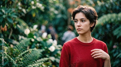 Person Stands in a Botanical Garden With Foliage in the Background