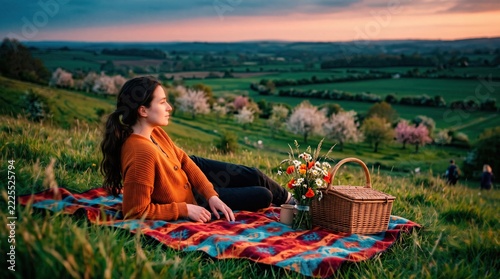 Relaxing on a Picnic Blanket on a Hillside at Dusk With Flowers and a Basket