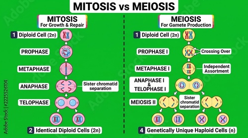 Educational diagram comparing mitosis and meiosis cell division