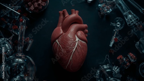 A detailed model of a human heart surrounded by glass
