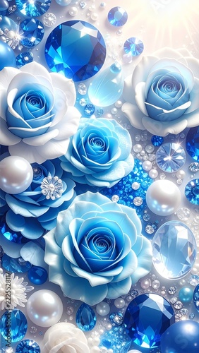 Luxury Royal Blue and White 3D Background with Sparkling Gems Pearls and Crystals