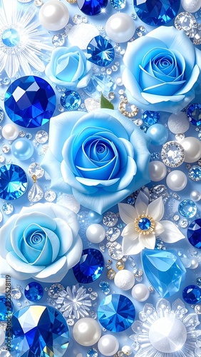 Luxury Royal Blue and White 3D Background with Sparkling Gems Pearls and Crystals