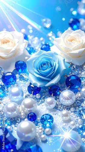 Luxury Royal Blue and White 3D Background with Sparkling Gems Pearls and Crystals