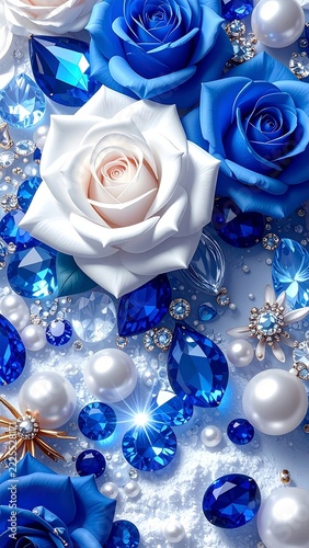 Luxury Royal Blue and White 3D Background with Sparkling Gems Pearls and Crystals