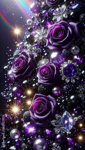 Luxury Dark Purple and Black 3D Background with Sparkling Gems Pearls and Crystals
