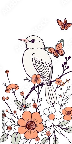 Boho earth tone floral & bird line art design Minimal foliage, butterfly accents Abstract, natural print ,  Nature,  Design