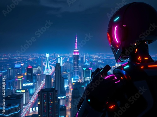 Cyborg watches neon city from skyscraper edge,  technology,  urban