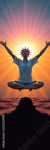 Joyful figure meditates, arms outstretched to vibrant arc Serene vibe emanates from smiling spirit embracing liberty and well-being,  calm,  health