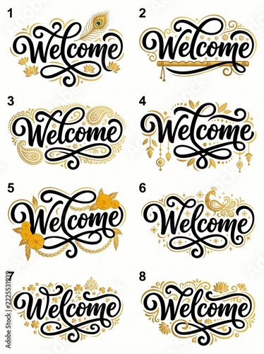 Eight Elegant Golden Welcome Typography Designs with Floral and Paisley Motifs illustration
