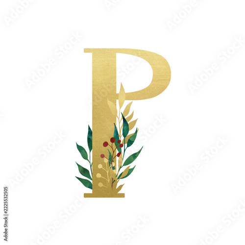Golden Latin letter P in vintage church style with floral composition isolated