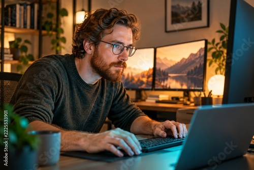 Bearded Computer Specialist Working Under Teal Light at a Warm Workstation