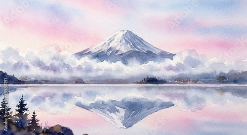 Watercolor painting of Mount Fuji reflection in calm lake water