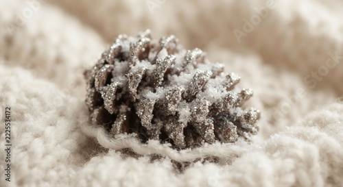 Silver glitter pine cone resting on cozy knitted fabric