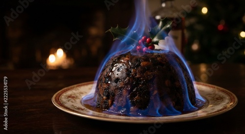 Traditional flaming Christmas pudding served on a decorative plate