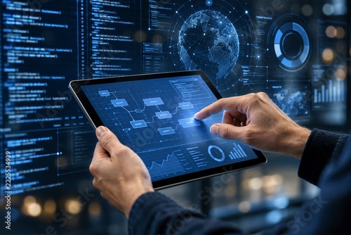 Hands Working With Tablet Amid Blue Code and Circular Data Graphics