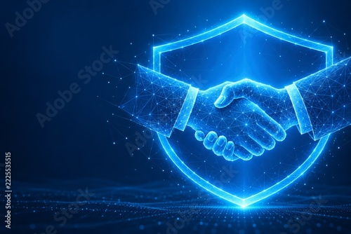 Blue Wireframe Handshake Inside a Glowing Shield for Digital Partnership