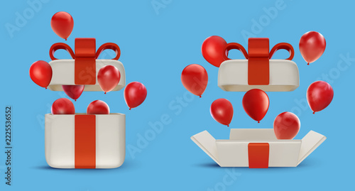 3D open present gift box with red floating balloons, festive surprise celebration concept for birthday party and anniversary sale