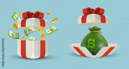 3D open gift box with flying cash money banknotes coins and wealth moneybag, bonus financial reward and cash back prize concept