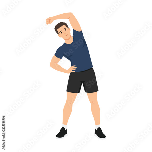 Man Performing Standing Side Stretch for Flexibility and Warm Up. Flat vector illustration isolated on white background