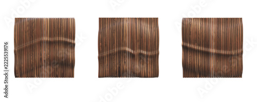 Three sculptural brown wooden wall panels with flowing wave contours and fine vertical grooves. Contemporary textured wall decor with a natural wood finish, isolated 3D render on a transparent backgro
