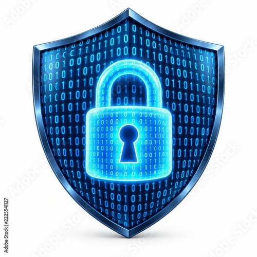 Glowing cyan padlock on binary digital shield isolated against white background