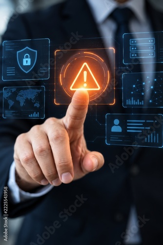 Finger pressing an orange system warning among floating blue security panels