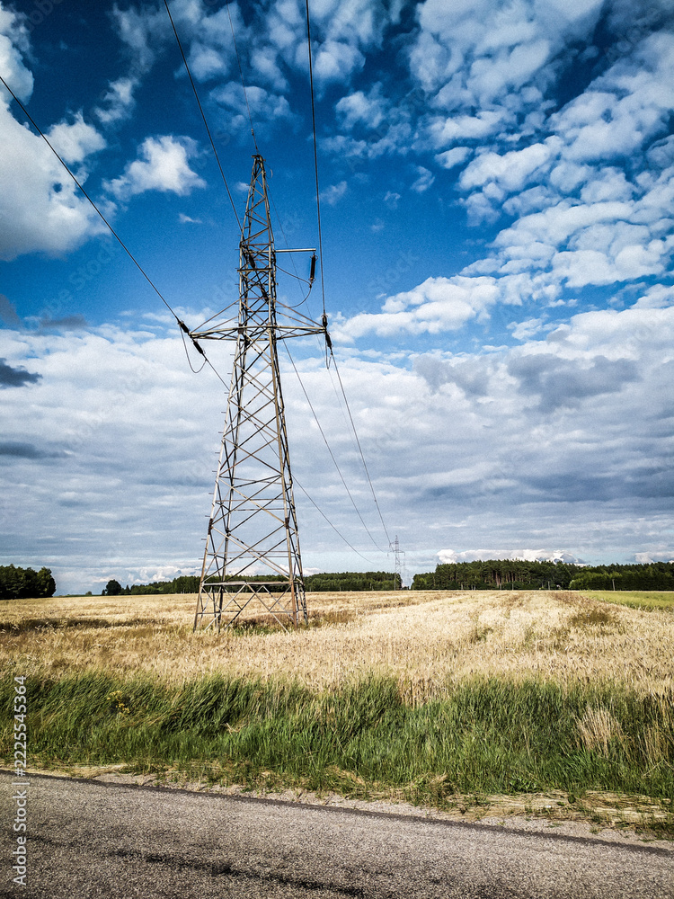 Obraz premium High voltage power line pylon in a rural wheat field in Poland under a cloudy blue sky