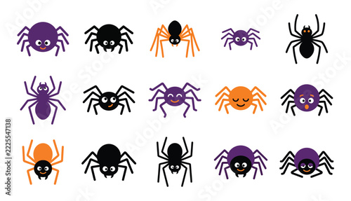 Halloween cartoon spider icons set featuring eight cheerful spiders