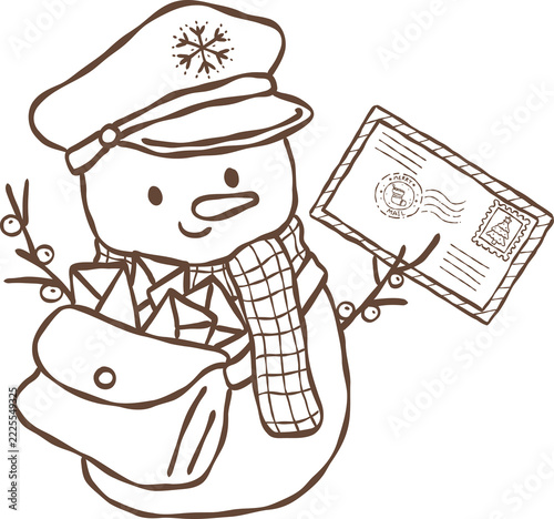 Cute Snowman Postman Holding Christmas Letter Doodle Outline Hand Drawn