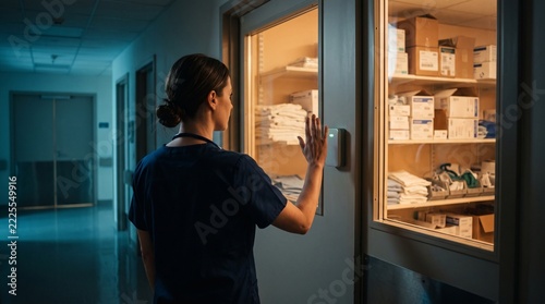 Nurse holding a badge free open palm to a plain wall scanner at a hospital supply room door