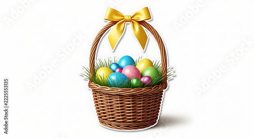 A wicker easter basket filled with colorful painted eggs and green grass blades decorated with a bright yellow bow isolated