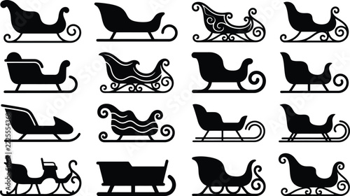Set of Santa Claus sleigh silhouette set, 16 decorative winter sled vector icons, black holiday transportation elements for Christmas design