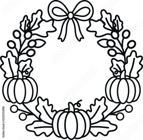 Minimalist black line art illustration of an autumn wreath featuring three pumpkins, oak leaves, and berry branches arranged in a symmetrical open circular frame on a transparent background.