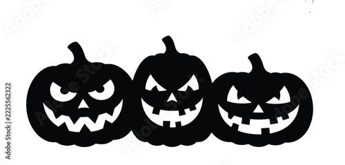 Halloween Pumpkin Silhouette Set of Three Spooky Jack O Lantern Faces in Black and White for Seasonal Decorations