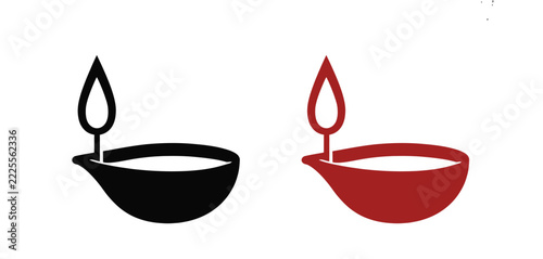 Diya Lamp Traditional Oil Candle Icon in Black Silhouette and Colorful Indian Festival Decorative Illustration