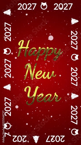 2027 happy new year animated greeting card with falling snow and gold text happy holidays celebration on red background