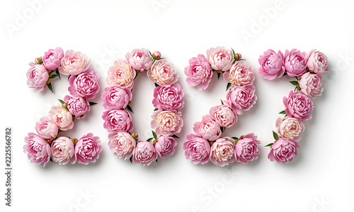 2027 made of pink peony flowers on white background. New Year's greeting concept