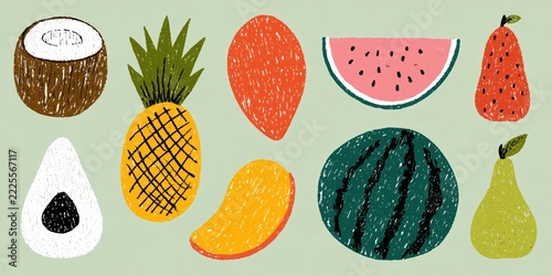 Bright set of fruits and berries including coconut, pineapple, mango, watermelon, and pear in vector style